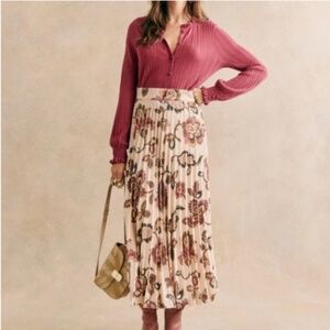 Sezane Cream and Pink Maxi Pleated A-Line Skirt